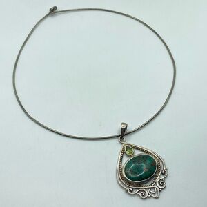 Vtg large copper turquoise & peridot sterling silver 13” necklace 2.5” pendant
